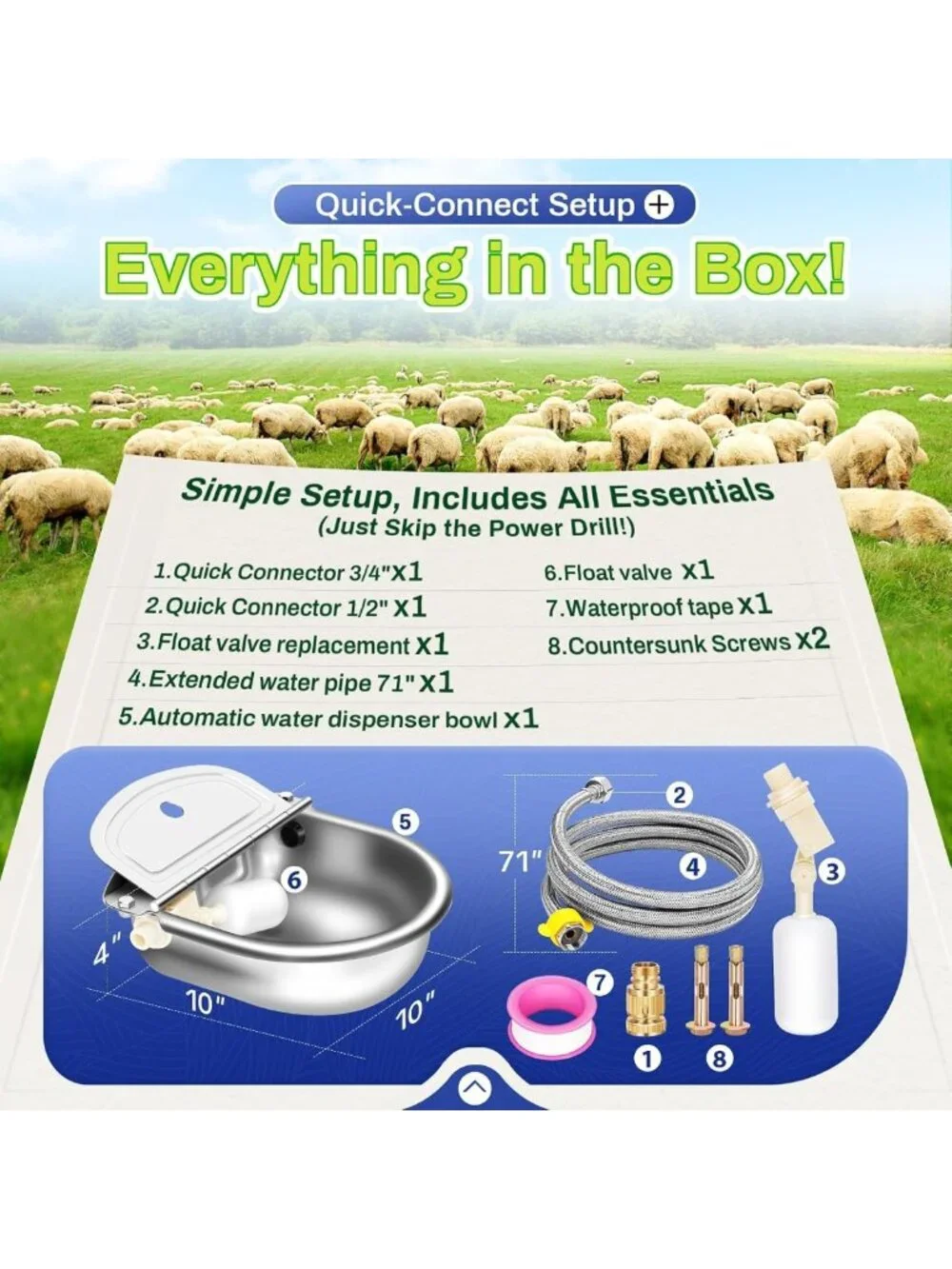 Automatic Stainless Steel Pet Water Bowl with Float Valve & Drain Hole, 3L